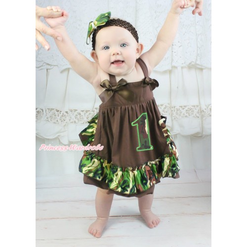 Brown Camouflage Swing Top Brown Bow & 1st Camouflage Birthday Number matching Panties Bloomers SP29